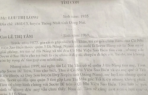 Tờ tường trình "Tìm con" của người mẹ 80 tuổi. Ảnh: LT.