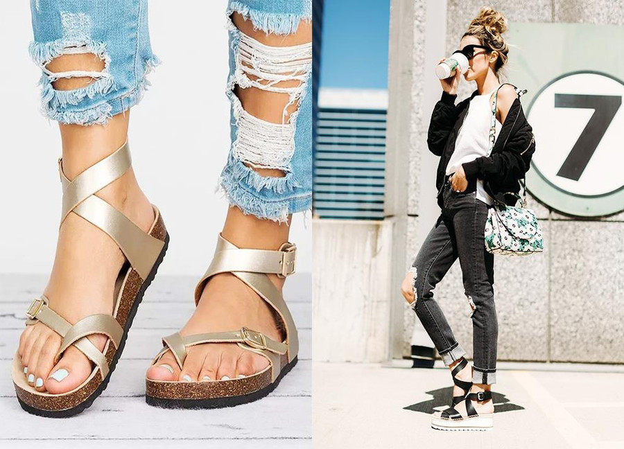 Sandals đế bằng là giải pháp tuyệt vời cho những ngày mưa gió bất chợt. Nó vừa không lo dễ bị té ngã, vừa hong khô nhanh chóng và dễ dàng. Để trông nổi bật hơn vào ngày đầu năm, bạn có thể chọn những đôi sandals có quai màu ánh kim hoặc màu neon rực rỡ. Ảnh: amazon, hellofashionblog. 8 kieu giay cac co gai nen mua ngay trong nam 2020 hinh anh 4
