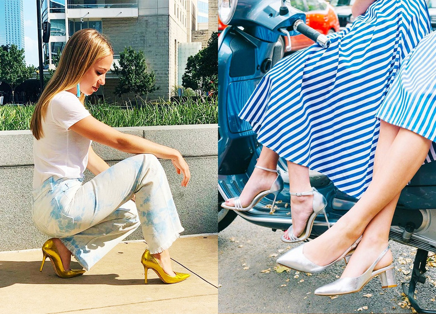 Giày ánh kim giúp đôi chân như tỏa sáng mỗi khi bạn bước đi. Đây là thiết kế hoàn hảo cho buổi tiệc sôi động cuối năm hoặc những lúc bạn muốn thay đổi phong cách của mình để không bị nhàm chán. Ảnh: @outfitauthority, @sarahflint_nyc. 8 kieu giay cac co gai nen mua ngay trong nam 2020 hinh anh 2