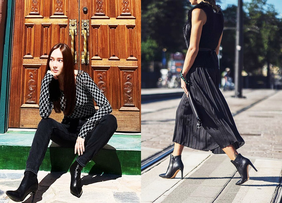 Ankle boots gót nhọn có sự pha trộn thú vị giữa nét phóng khoáng, cá tính của boots với sự thanh lịch và duyên dáng của giày gót nhọn. Bạn không cần suy nghĩ nhiều khi phối đồ với ankle boots vì nó phù hợp với mọi items: Quần skinny jeans, shorts jeans, váy ngắn, váy suông, váy bút chì... Ảnh: @jessica.syj, @novebyalessandragori. 8 kieu giay cac co gai nen mua ngay trong nam 2020 hinh anh 7