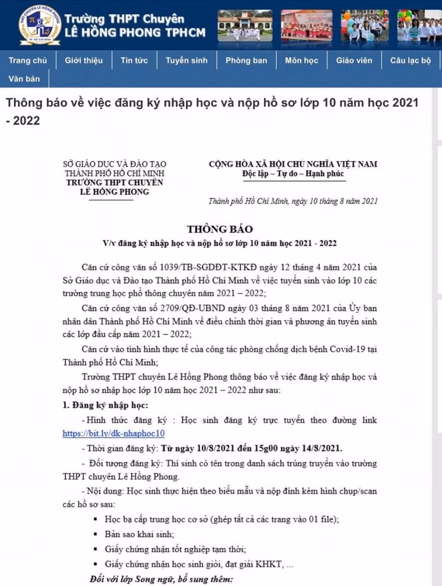 Thông báo yêu cầu học sinh nộp hồ sơ nhập học bằng hình thức trực tuyến của Trường THPT chuyên Lê Hồng Phong.