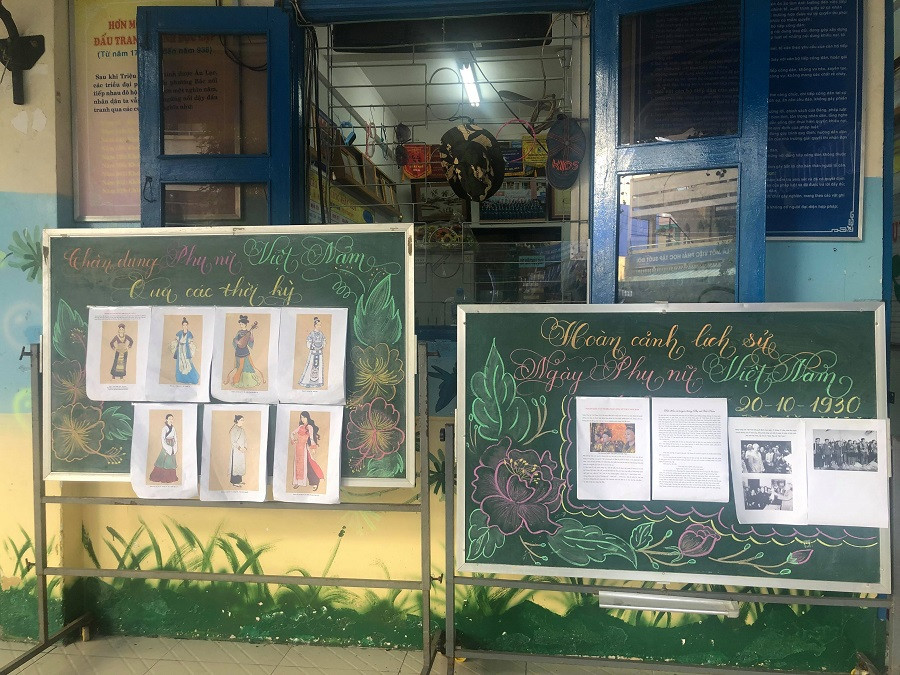 Học sinh được tìm hiểu thêm về lịch sử ngày 20/10, trang phục của người phụ nữ Việt Nam qua các thời kỳ trên các bảng tin