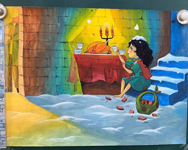 Sản phẩm của học sinh lớp 8, Trường THCS Trần Văn Ơn với yêu cầu cảm nhận tác phẩm “Cô bé bán diêm” qua tranh vẽ. Ảnh: NTCC