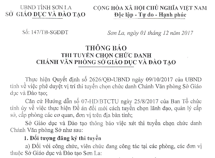 Sơn La thi tuyển chức danh Chánh văn phòng Sở GD&ĐT