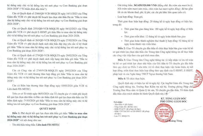 Công ty TNHH Hệ thống Thông tin FPT và Công ty CP Ứng dụng KH&CN - MITEC liên danh trúng thầu gói thầu “Đầu tư mua sắm hệ thống máy chủ và hệ thống lưu trữ mới phục vụ Core Banking giai đoạn 2024-2028” tại Ngân hàng TMCP Ngoại thương Việt Nam. Công ty TNHH Hệ thống Thông tin FPT và Công ty CP Ứng dụng KH&CN - MITEC liên danh trúng thầu gói thầu “Đầu tư mua sắm hệ thống máy chủ và hệ thống lưu trữ mới phục vụ Core Banking giai đoạn 2024-2028” tại Ngân hàng TMCP Ngoại thương Việt Nam.