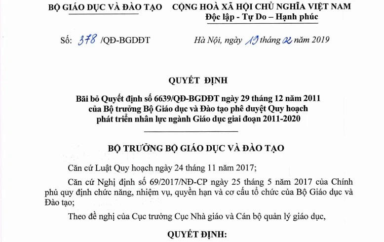 Bãi bỏ quyết định phê duyệt Quy hoạch phát triển nhân lực ngành Giáo dục giai đoạn 2011-2020