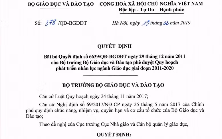 Bãi bỏ quyết định phê duyệt Quy hoạch phát triển nhân lực ngành Giáo dục giai đoạn 2011-2020