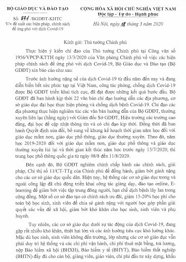 Bộ GD&ĐT có công văn gửi Thủ tướng Chính phủ đề xuất các biện pháp, chính sách để ứng phó với dịch Covid-19