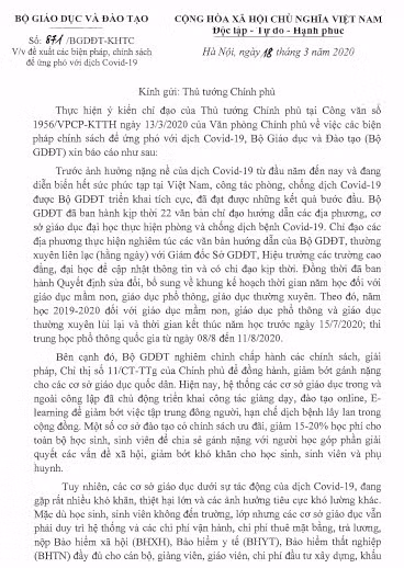 Bộ GD&ĐT có công văn gửi Thủ tướng Chính phủ đề xuất các biện pháp, chính sách để ứng phó với dịch Covid-19