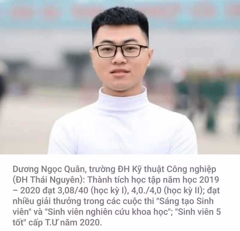 Sinh viên Dương Ngọc Quân – Trường Đại học Kỹ thuật Công nghiệp vinh dự được nhận danh hiệu “Sinh viên 5 tốt” cấp Trung ương năm 2020.
