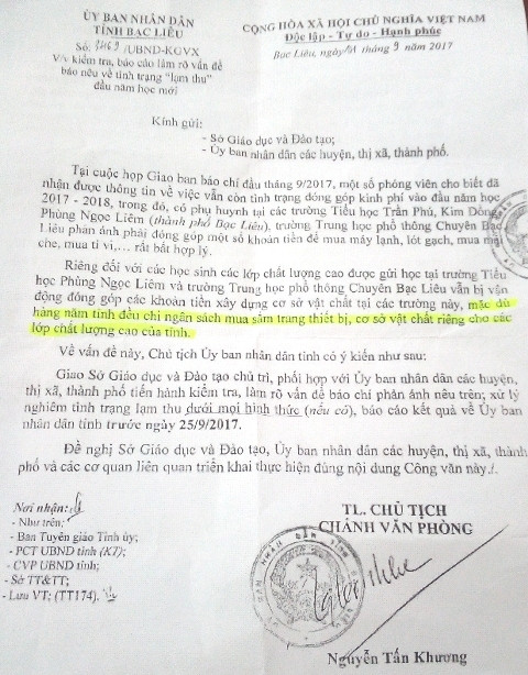 Chỉ đạo của Chủ tịch tỉnh Bạc Liêu về tình trạng trường học “lạm thu”