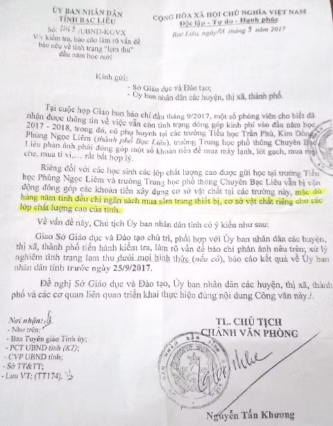 Chỉ đạo của Chủ tịch tỉnh Bạc Liêu về tình trạng trường học “lạm thu”