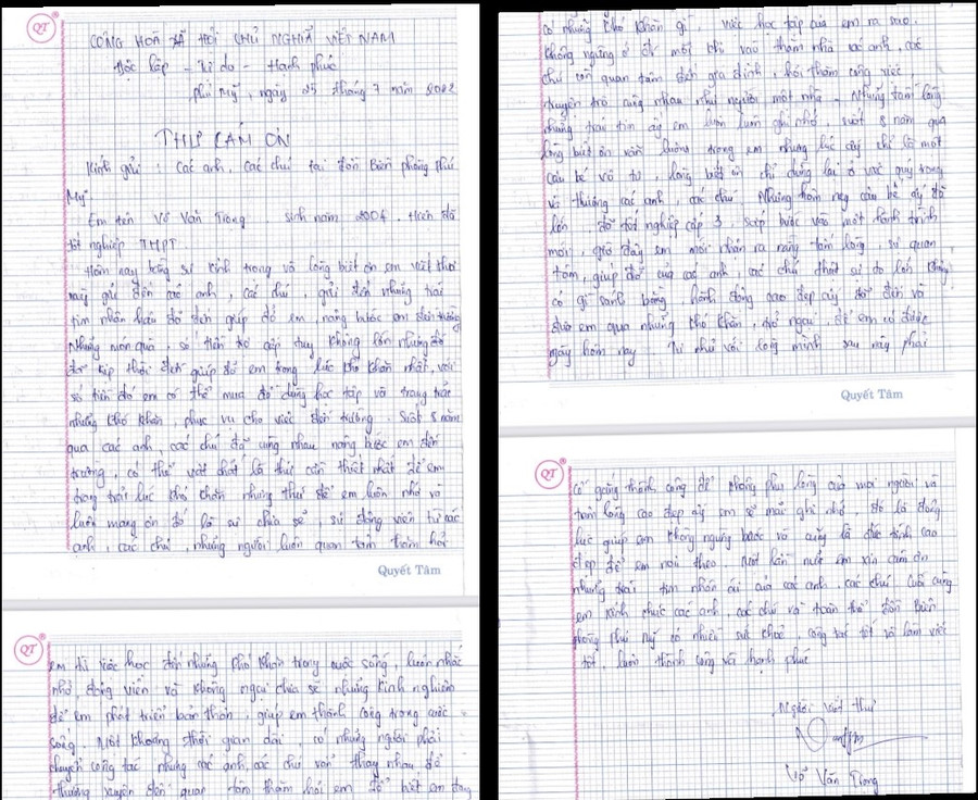 Bức thư xúc động của em Võ Văn Trọng sau 8 năm được Đồn Biên phòng Phú Mỹ nhận đỡ đầu. Bức thư xúc động của em Võ Văn Trọng sau 8 năm được Đồn Biên phòng Phú Mỹ nhận đỡ đầu.