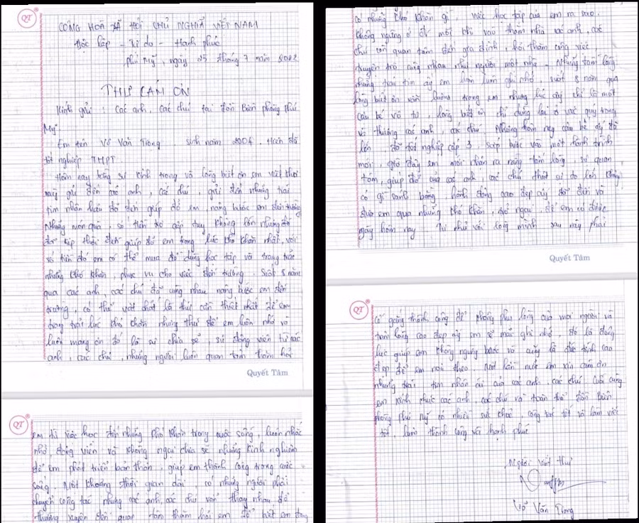 Bức thư xúc động của em Võ Văn Trọng sau 8 năm được Đồn Biên phòng Phú Mỹ nhận đỡ đầu.