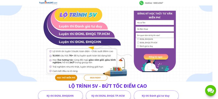 Một trang web quảng cáo về luyện thi đánh giá năng lực, đánh giá tư duy. Ảnh chụp màn hình