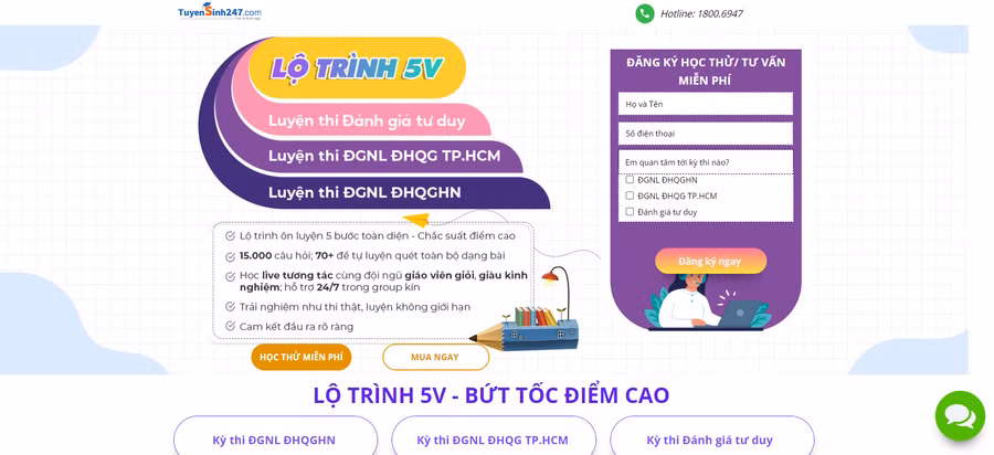 Một trang web quảng cáo về luyện thi đánh giá năng lực, đánh giá tư duy. Ảnh chụp màn hình
