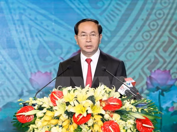 Chủ tịch nước Trần Đại Quang dự và phát biểu tại lễ kỷ niệm 70 năm Ngày Bác Hồ về thăm Thanh Hóa. Ảnh: TTXVN