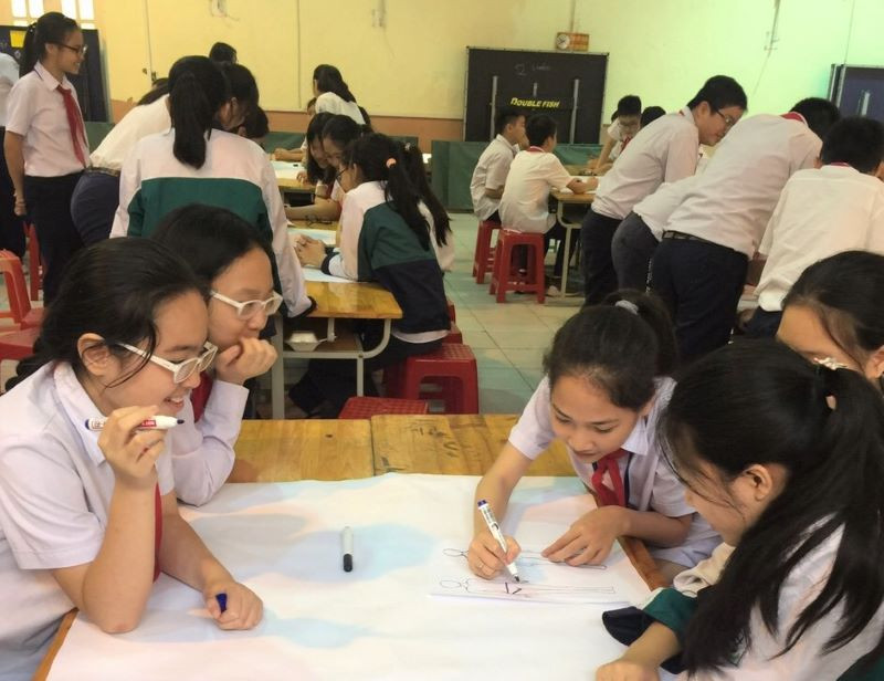 Học sinh làm việc nhóm khi học về quy tắc đồ bơi