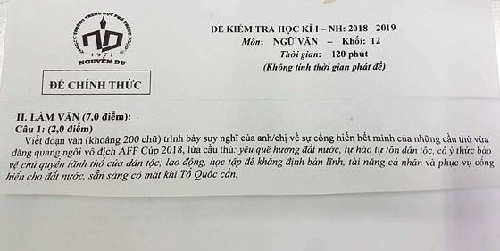 Câu hỏi trong đề thi học kỳ môn Ngữ văn về sự cống hiến hết mình của các cầu thủ đội tuyển Việt Nam tại AFF Cup .