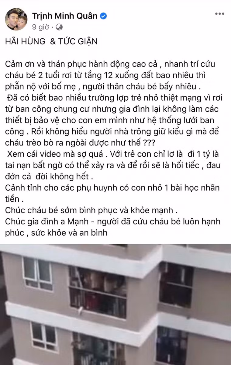 Ca sĩ Minh Quân bày tỏ sự thán phục hành động cao cả, nhanh trí của "người hùng” Nguyễn Ngọc Mạnh. Ảnh: chụp màn hình FBNV.