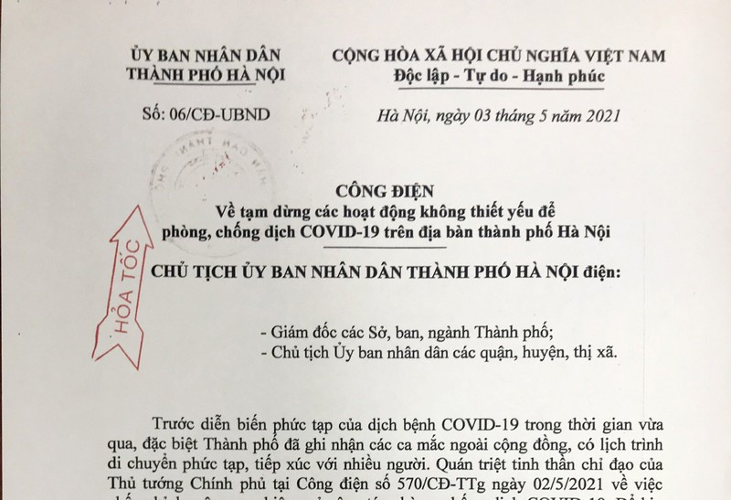 Công điện về tạm dừng các hoạt động không thiết yếu để phòng, chống dịch COVID-19 trê địa bàn thành phố Hà Nội.