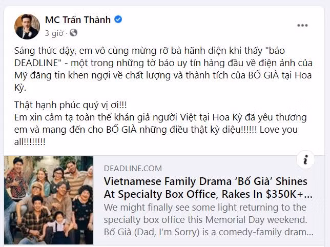 Trấn Thành cảm thấy vô cùng hãnh diện khi thấy Bố Già được báo Mỹ khen ngợi.