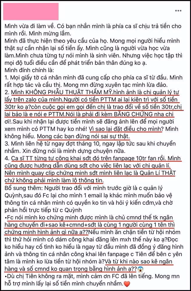 Bài đăng đấu tố ngược lại FC Thủy Tiên của tài khoản T.H.