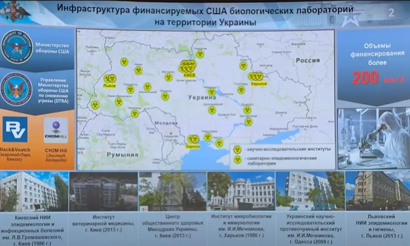 Ảnh chụp màn hình cuộc họp báo của Bộ Quốc phòng Nga hồi tháng 12/2022 cho thấy các phòng thí nghiệm sinh học do Mỹ tài trợ trên lãnh thổ Ukraine. Ảnh: Bộ Quốc phòng Nga