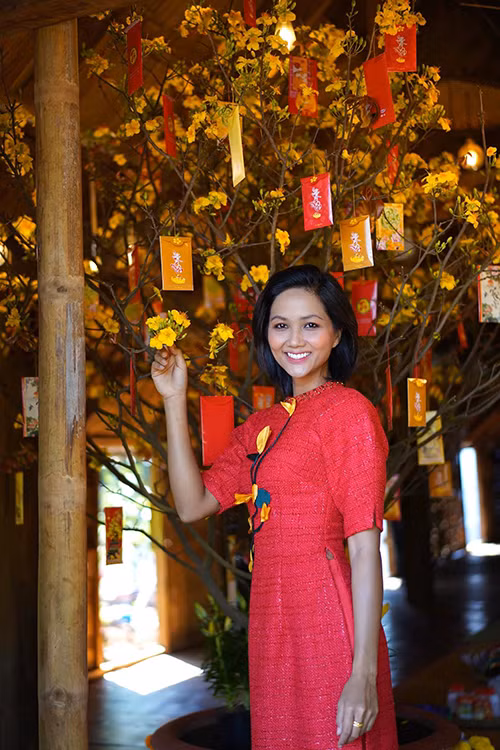 Hoa hậu H"Hen Niê nổi bật trong tà áo dài cách tân tông đỏ.