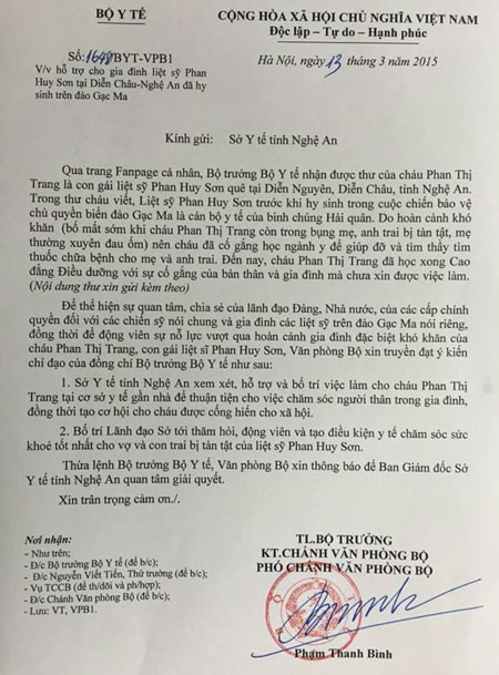 Bộ trưởng Tiến chỉ đạo xem xét bố trí việc làm cho con gái liệt sỹ Gạc Ma ảnh 1