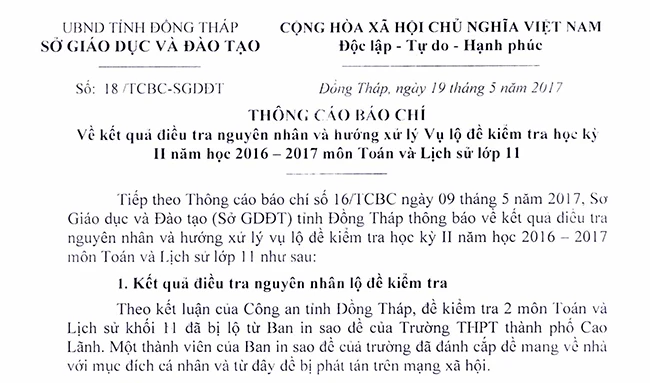 Công văn Sở GD&ĐT Đồng Tháp về nguyên nhân vụ lộ đề thi lớp 11 