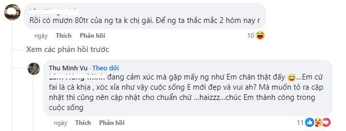 Thu Minh khi bị 'cà khịa' tố nợ tiền Khánh Thi. Thu Minh khi bị 'cà khịa' tố nợ tiền Khánh Thi.