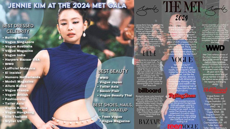 Jennie (BLACKPINK) được Billboard, Rolling Stone và nhiều Tạp chí Thời trang quốc tế bình chọn là Người nổi tiếng mặc đẹp nhất tại Met Gala 2024. Jennie (BLACKPINK) được Billboard, Rolling Stone và nhiều Tạp chí Thời trang quốc tế bình chọn là Người nổi tiếng mặc đẹp nhất tại Met Gala 2024.