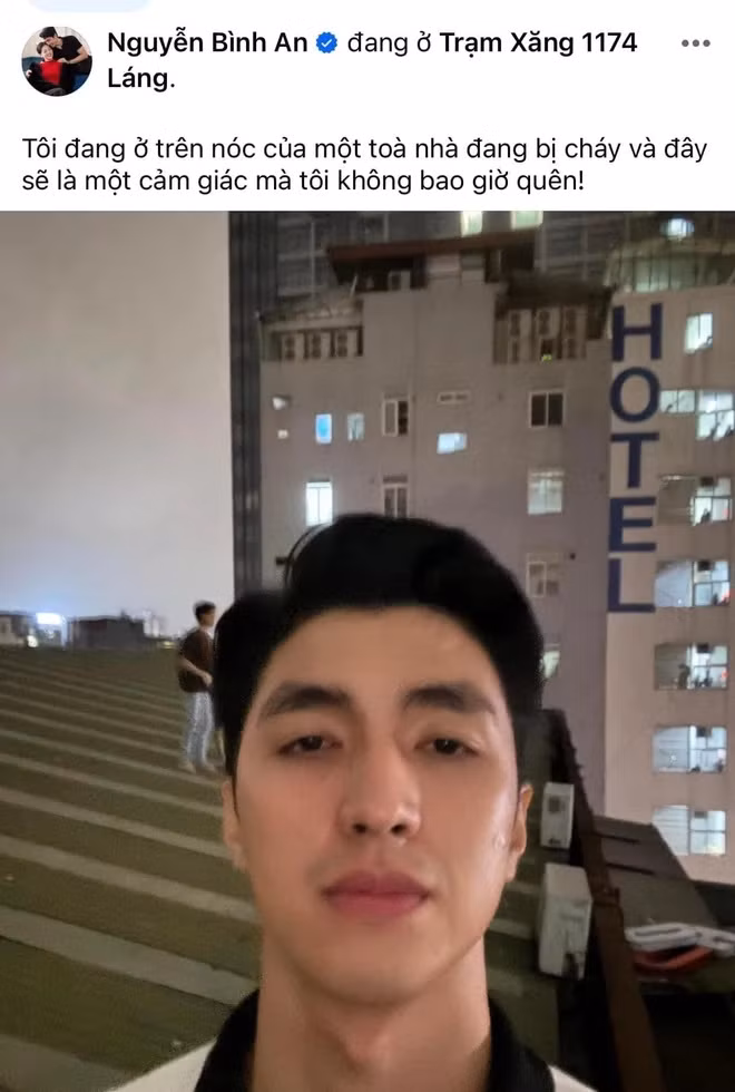 Nam diễn viên Bình An bị mắc kẹt, phải leo mái nhà chờ ứng cứu khi đám cháy xảy ra. Nam diễn viên Bình An bị mắc kẹt, phải leo mái nhà chờ ứng cứu khi đám cháy xảy ra.