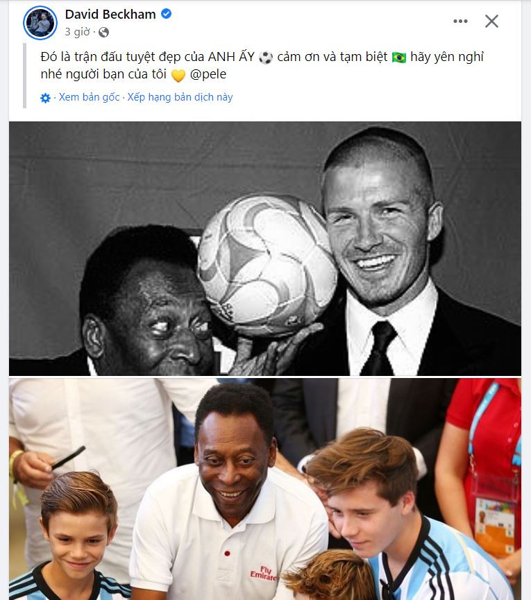 David Beckham chia sẻ khoảnh khắc hội ngộ Pele trong dạ tiệc mừng bóng đá tại Mỹ năm 2008 và bức ảnh 3 con gặp gỡ vua bóng đá người Brazil. Anh viết: "Xin cảm ơn và tạm biệt. Hãy yên nghĩ nhé người bạn của tôi". David Beckham chia sẻ khoảnh khắc hội ngộ Pele trong dạ tiệc mừng bóng đá tại Mỹ năm 2008 và bức ảnh 3 con gặp gỡ vua bóng đá người Brazil. Anh viết: "Xin cảm ơn và tạm biệt. Hãy yên nghĩ nhé người bạn của tôi".