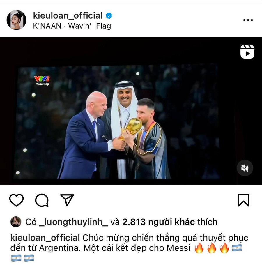 Á hậu Kiều Loan gửi lời chúc mừng tới đội tuyển Argentina và cầu thủ lừng danh thế giới Messi: "Chúc mừng chiến thắng quá thuyết phục đến từ Argentina. Một cái kết đẹp cho Messi". Á hậu Kiều Loan gửi lời chúc mừng tới đội tuyển Argentina và cầu thủ lừng danh thế giới Messi: "Chúc mừng chiến thắng quá thuyết phục đến từ Argentina. Một cái kết đẹp cho Messi".