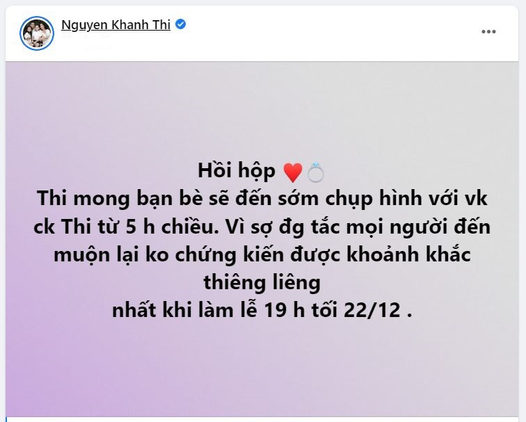 Trước thềm tiệc cưới, Khánh Thi gửi tới dàn khách mời mong muốn "đặc biệt". Trước thềm tiệc cưới, Khánh Thi gửi tới dàn khách mời mong muốn "đặc biệt".