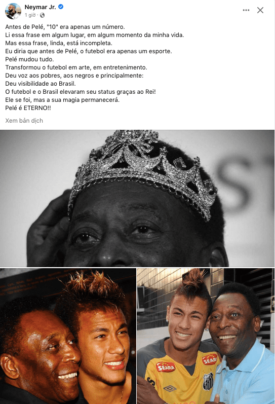 Siêu sao Neymar viết lời tri ân huyền thoại đồng hương trên trang cá nhân: "Ông đã ra đi nhưng phép thuật của ông vẫn còn mãi". Siêu sao Neymar viết lời tri ân huyền thoại đồng hương trên trang cá nhân: "Ông đã ra đi nhưng phép thuật của ông vẫn còn mãi".