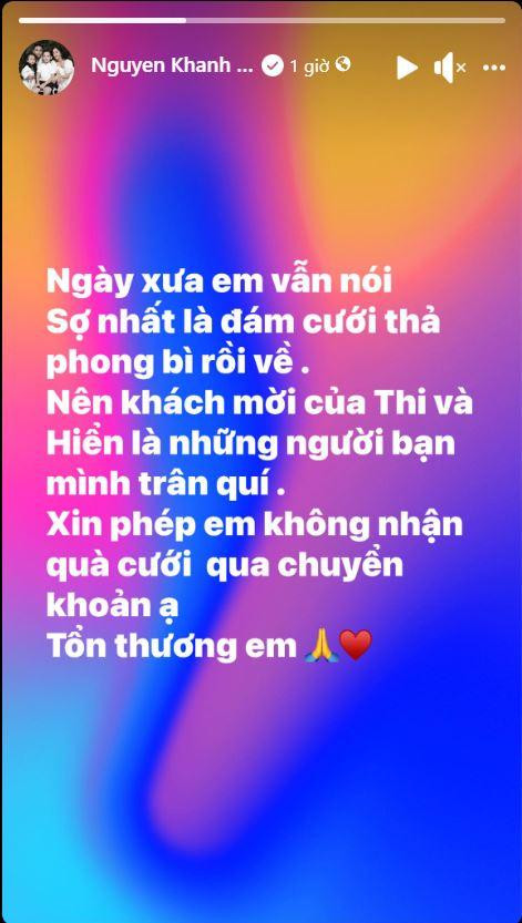 Trước ngày cưới, Khánh Thi đã gửi thông báo “đặc biệt” tới các khách mời. Trước ngày cưới, Khánh Thi đã gửi thông báo “đặc biệt” tới các khách mời.