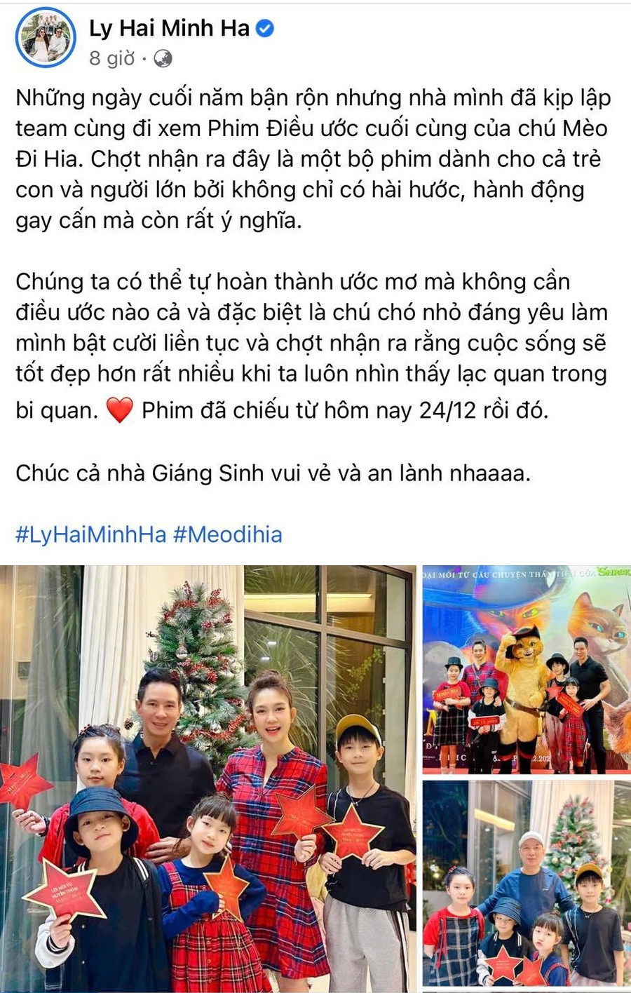 Gia đình Lý Hải - Minh Hà cùng nhau đón Giáng sinh và ghi lại những khoảnh khắc ấm áp cùng các con. Nam đạo diễn chia sẻ: &quot;Lần đầu tụi nhỏ được tự tay trang trí Noel. Tụi nhỏ lớn hơn mình nghĩ, chúng có thể làm tất cả mọi thứ. Nhờ tự trang trí nên không em nào phá cây thông cả, chỉ đứng ngắm thôi&quot;.