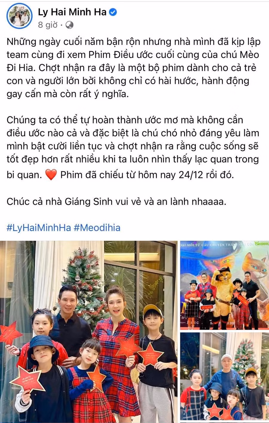 Gia đình Lý Hải - Minh Hà cùng nhau đón Giáng sinh và ghi lại những khoảnh khắc ấm áp cùng các con. Nam đạo diễn chia sẻ: "Lần đầu tụi nhỏ được tự tay trang trí Noel. Tụi nhỏ lớn hơn mình nghĩ, chúng có thể làm tất cả mọi thứ. Nhờ tự trang trí nên không em nào phá cây thông cả, chỉ đứng ngắm thôi".