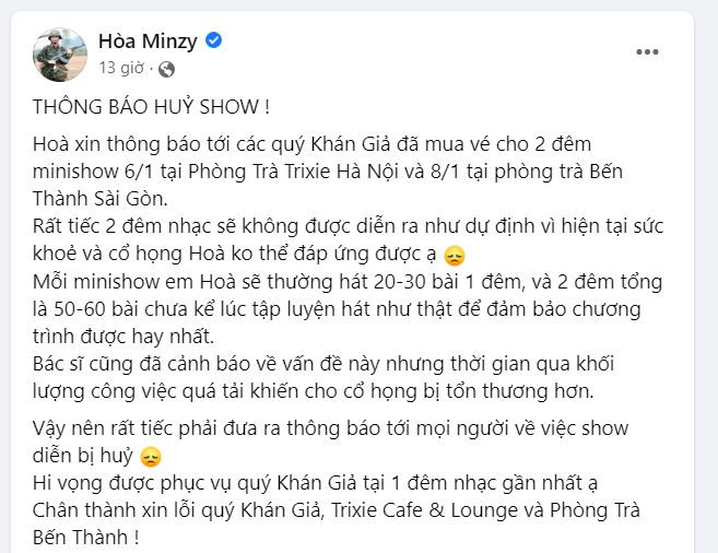 Thông báo hủy show diễn của Hòa Minzy. Thông báo hủy show diễn của Hòa Minzy.