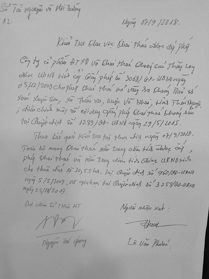 Công dân có đơn tố cáo, báo chí phản ảnh, Chính phủ chỉ đạo kiểm tra, xác minh báo cáo. Ấy vậy, Phó Giám đốc Sở TN và chuyên viên đi kiểm tra nhưng không phát hiện ra sai phạm