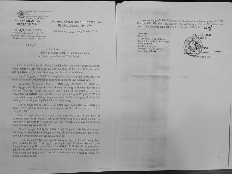 Có đơn tố cáo, đích thân Phó Chủ tịch UBND huyện Võ Nhai vội vàng làm văn bản xin đưa đất rừng đặc dụng ra để hợp thức hóa cho doanh nghiệp