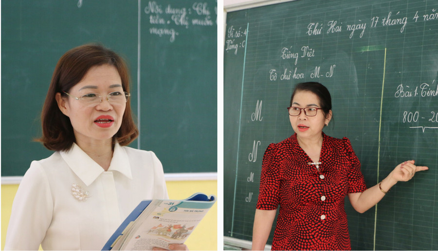 Cô Phùng Thị Thúy Hà (trái) và cô Đinh Thị Thủy vẫn cần mẫn bám lớp. Ảnh: Đình Tuệ