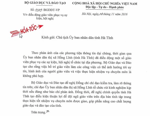 Công văn của Bộ GD&ĐT về việc điều động GV phục vụ sự kiện, hội nghị