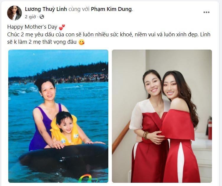 Hoa hậu Lương Thùy Linh cũng không quên gửi những lời nhắn nhủ yêu thương tới những người mẹ “đặc biệt” của mình: &quot;Chúc 2 mẹ yêu dấu của con sẽ luôn nhiều sức khoẻ, niềm vui và luôn xinh đẹp. Linh sẽ không làm 2 mẹ thất vọng đâu”.