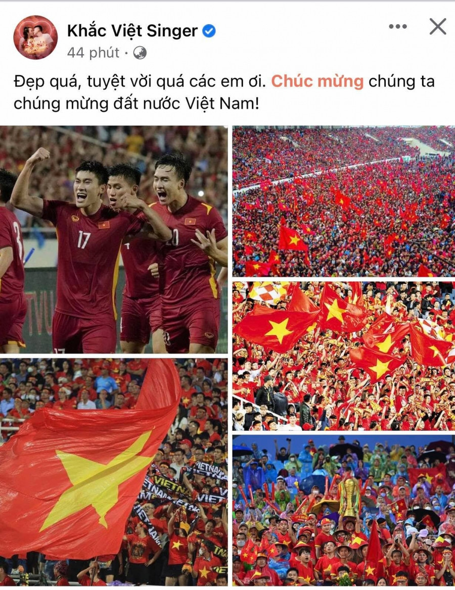 Là một fan yêu bóng đá cuồng nhiệt, nam ca sĩ Khắc Việt đã không giấu nổi cảm xúc của mình sau chiến thắng của U23 Việt Nam. Anh chia sẻ: "Đẹp quá, tuyệt vời quá các em ơi. Chúc mừng chúng ta chúng mừng đất nước Việt Nam!". Là một fan yêu bóng đá cuồng nhiệt, nam ca sĩ Khắc Việt đã không giấu nổi cảm xúc của mình sau chiến thắng của U23 Việt Nam. Anh chia sẻ: "Đẹp quá, tuyệt vời quá các em ơi. Chúc mừng chúng ta chúng mừng đất nước Việt Nam!".