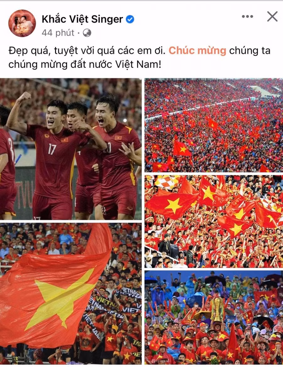 Là một fan yêu bóng đá cuồng nhiệt, nam ca sĩ Khắc Việt đã không giấu nổi cảm xúc của mình sau chiến thắng của U23 Việt Nam. Anh chia sẻ: "Đẹp quá, tuyệt vời quá các em ơi. Chúc mừng chúng ta chúng mừng đất nước Việt Nam!".