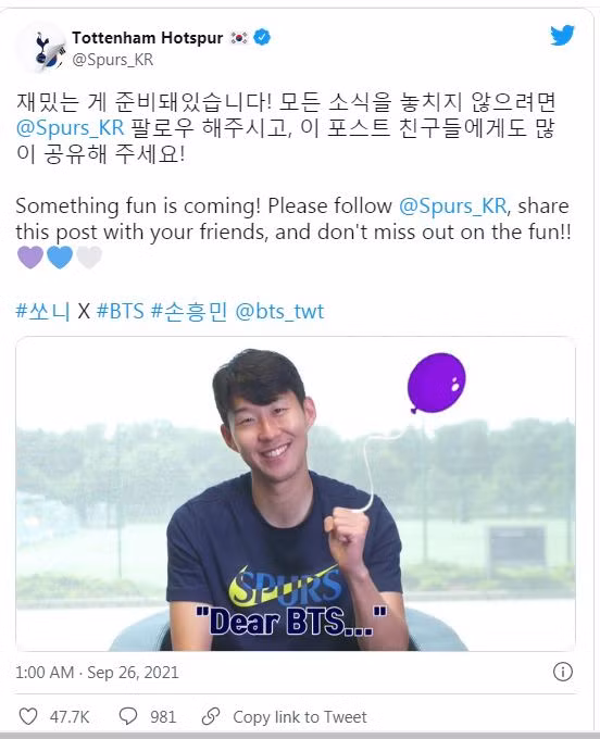 Trang Twitter chính thức của Tottenham Hotspur "bóng gió" chia sẻ về BTS và cầu thủ Son Heung-min.